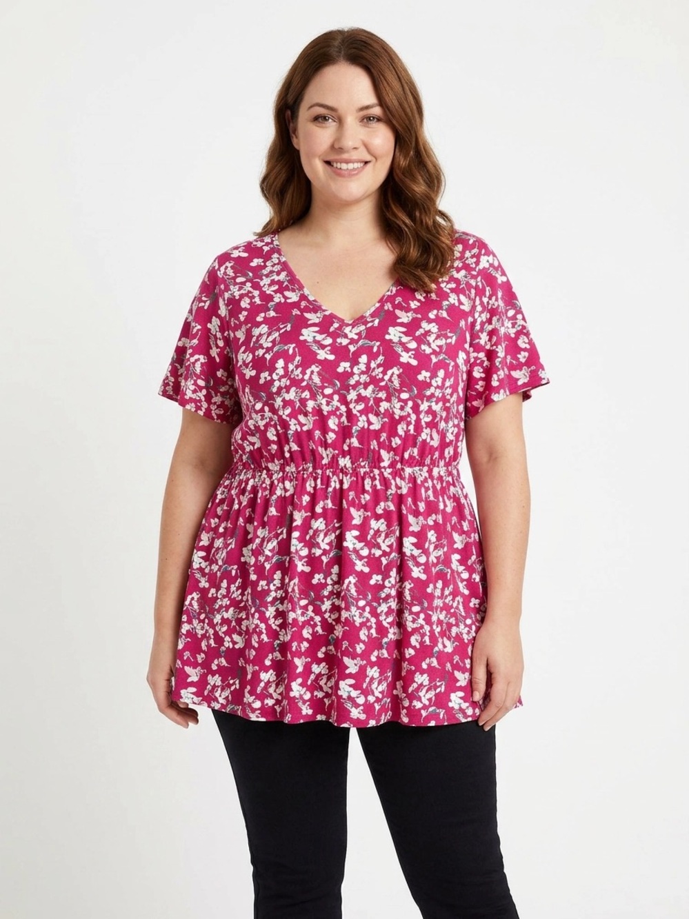 BloomChic Fuchsia Floral V-Neck Peplum Tunic